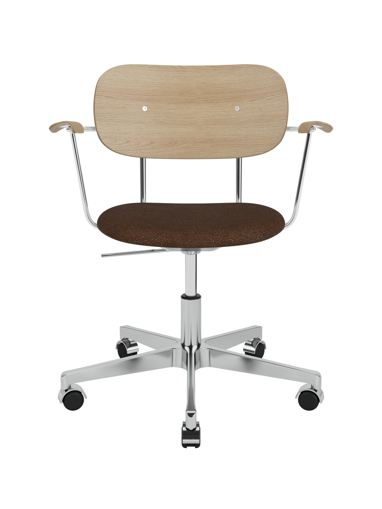 Co Task Chair with natural oak backrest, brown bouclé upholstered seat and a polished aluminium swivel base with castors.