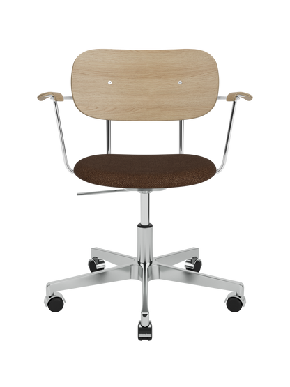 Co Task Chair with natural oak backrest, brown bouclé upholstered seat and a polished aluminium swivel base with castors.