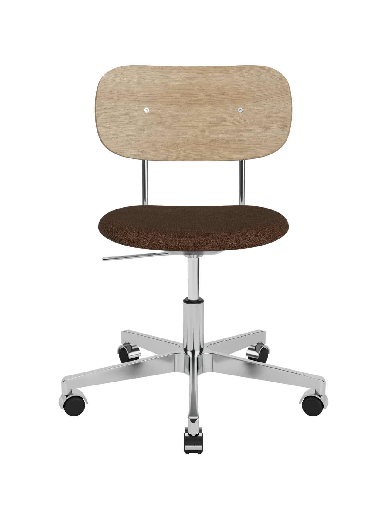 Co Task Chair featuring a natural oak backrest, brown bouclé upholstered seat and polished aluminium base with castors.