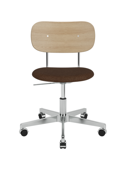 Co Task Chair featuring a natural oak backrest, brown bouclé upholstered seat and polished aluminium base with castors.
