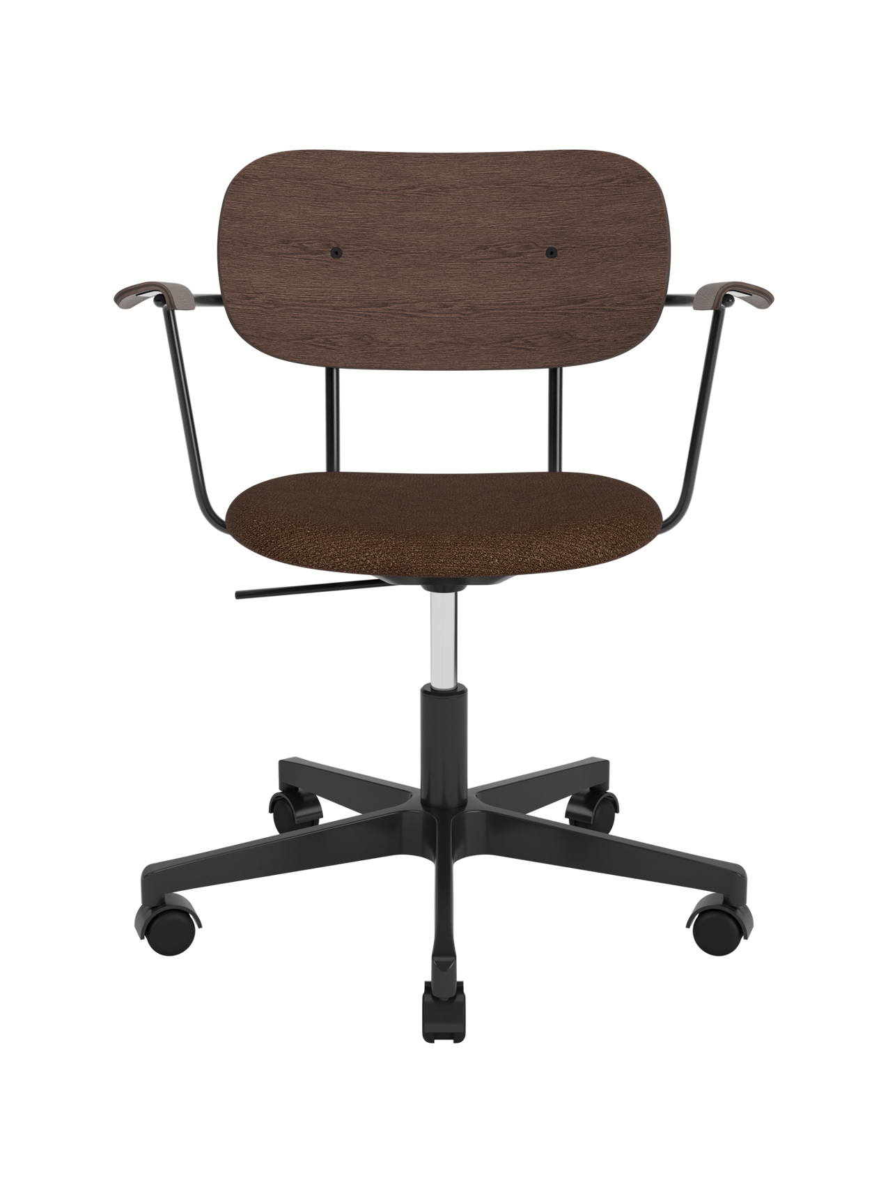 Co Task Chair featuring a brown bouclé seat, dark stained oak back and armrests, on a black swivel base with castors.