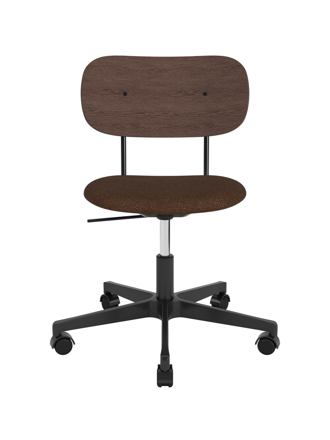Co Task Chair with dark stained oak backrest and brown bouclé upholstered seat on a black swivel base with castors.