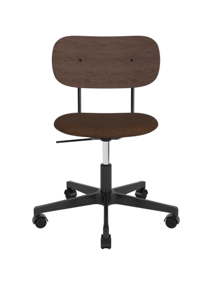 Co Task Chair with dark stained oak backrest and brown bouclé upholstered seat on a black swivel base with castors.