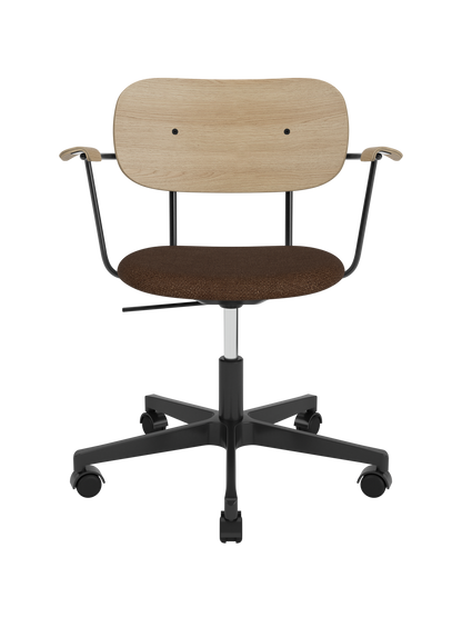 Co Task Chair featuring a natural oak backrest, brown bouclé upholstered seat and a black swivel base with castors.