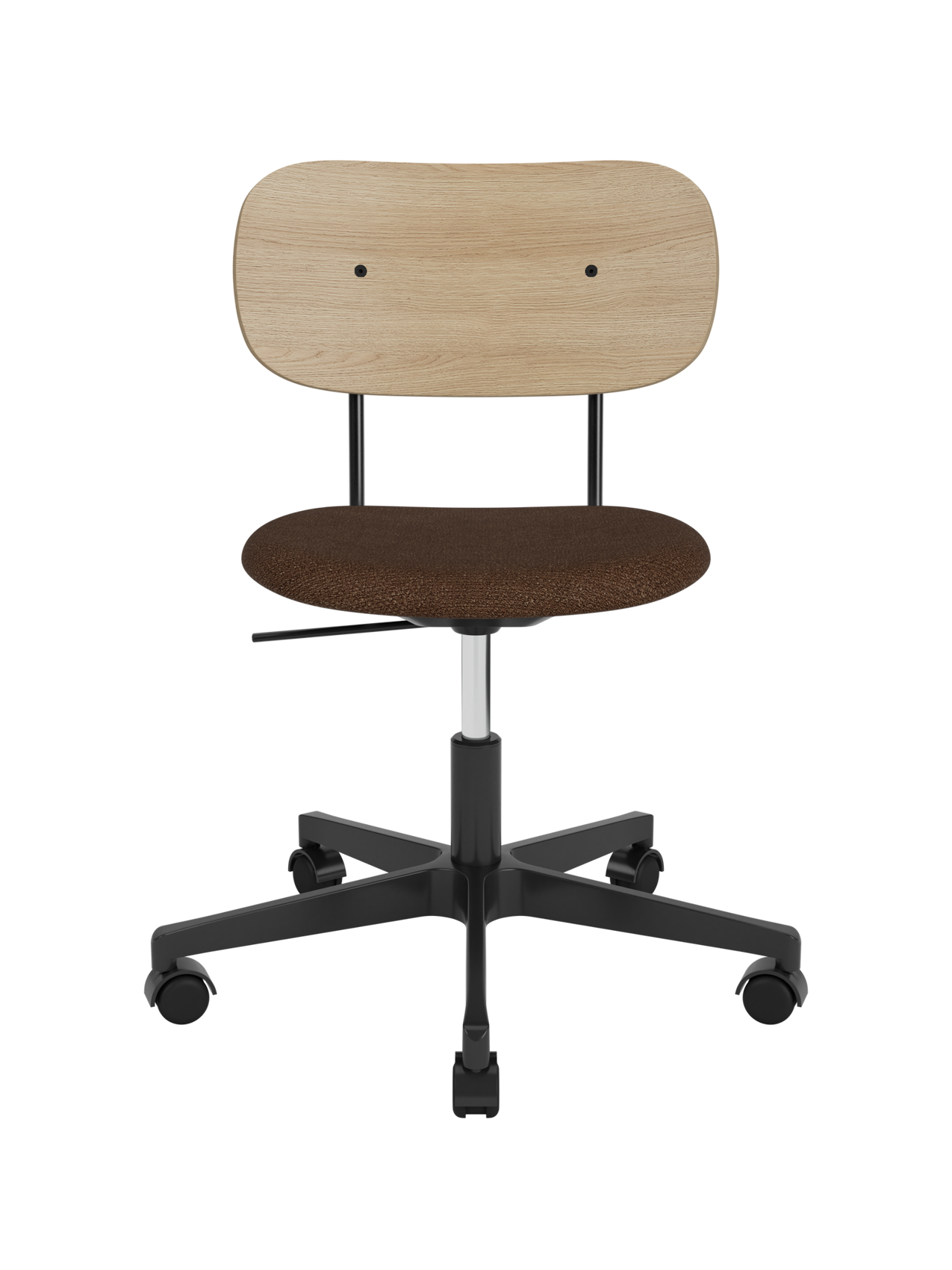 Co Task Chair with a brown bouclé upholstered seat, natural oak backrest and a black five-star base with castors.