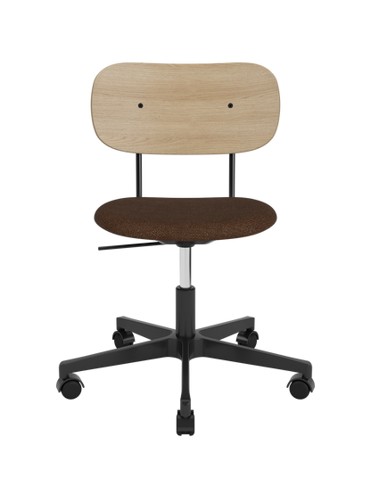 Co Task Chair with a brown bouclé upholstered seat, natural oak backrest and a black five-star base with castors.