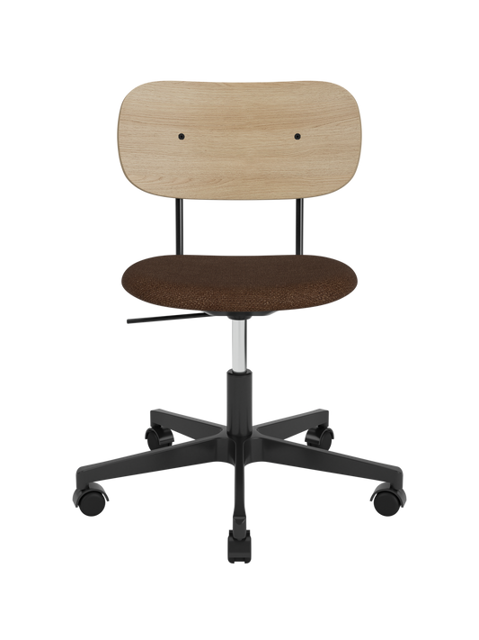 Co Task Chair with a brown bouclé upholstered seat, natural oak backrest and a black five-star base with castors.