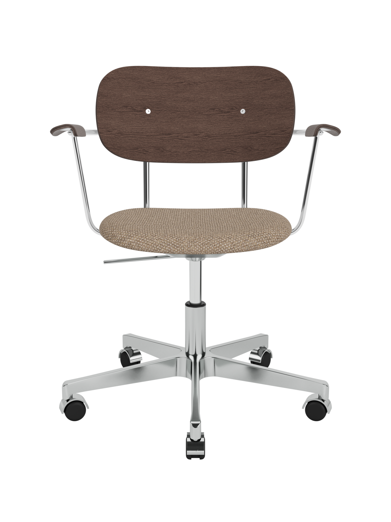 Co Task Chair with a dark stained oak back and armrests, Logan Flint upholstered seat and chrome swivel base with castors.