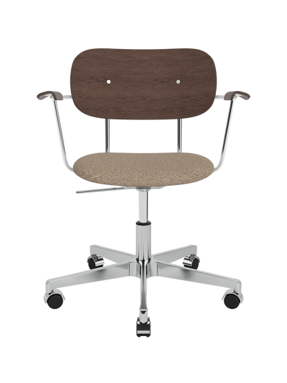 Co Task Chair with a dark stained oak back and armrests, Logan Flint upholstered seat and chrome swivel base with castors.