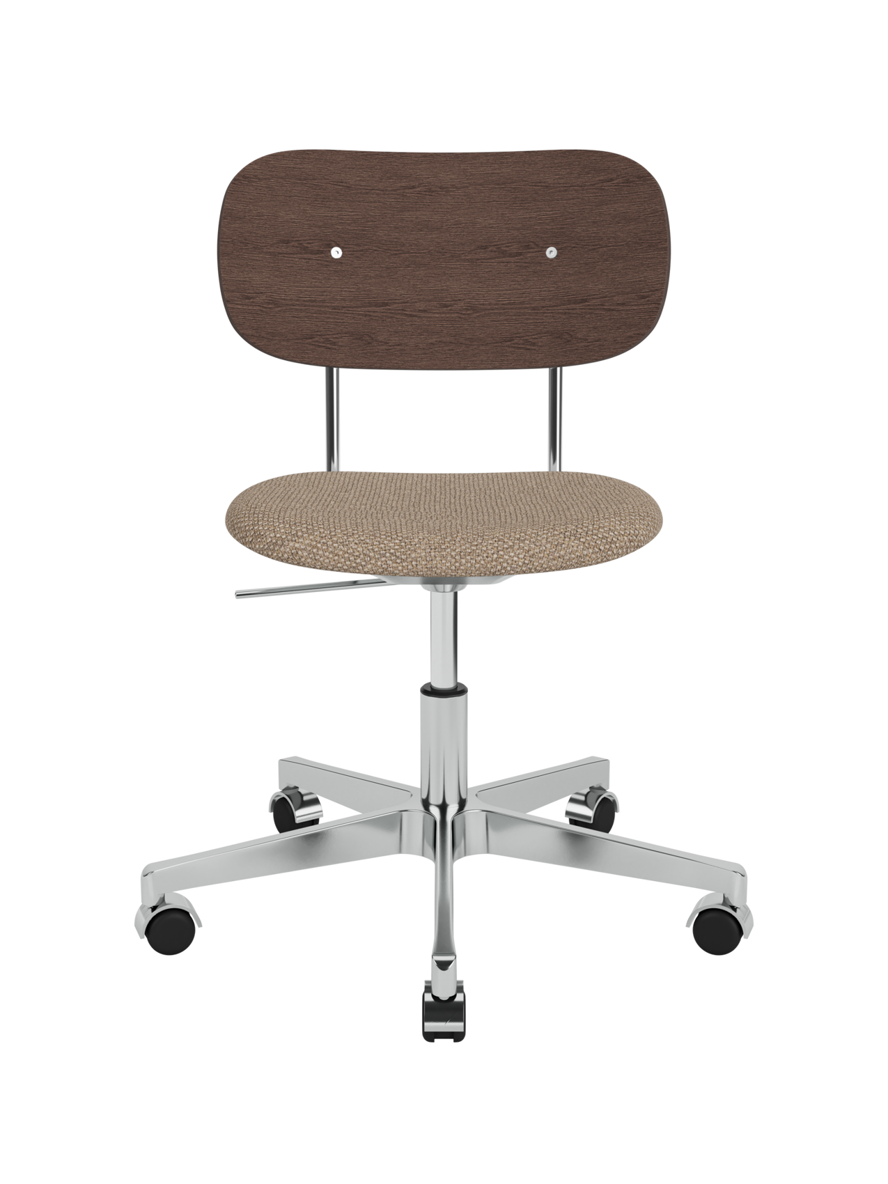 Co Task Chair with Logan Flint upholstered seat, dark stained oak back and a polished aluminium base with castors.