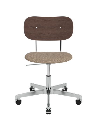 Co Task Chair with Logan Flint upholstered seat, dark stained oak back and a polished aluminium base with castors.