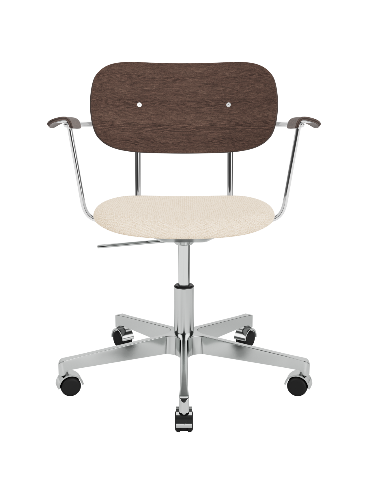 Co Task Chair with armrests, dark stained oak, Logan Jasmine upholstery and a polished chrome aluminium swivel base.
