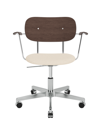 Co Task Chair with armrests, dark stained oak, Logan Jasmine upholstery and a polished chrome aluminium swivel base.
