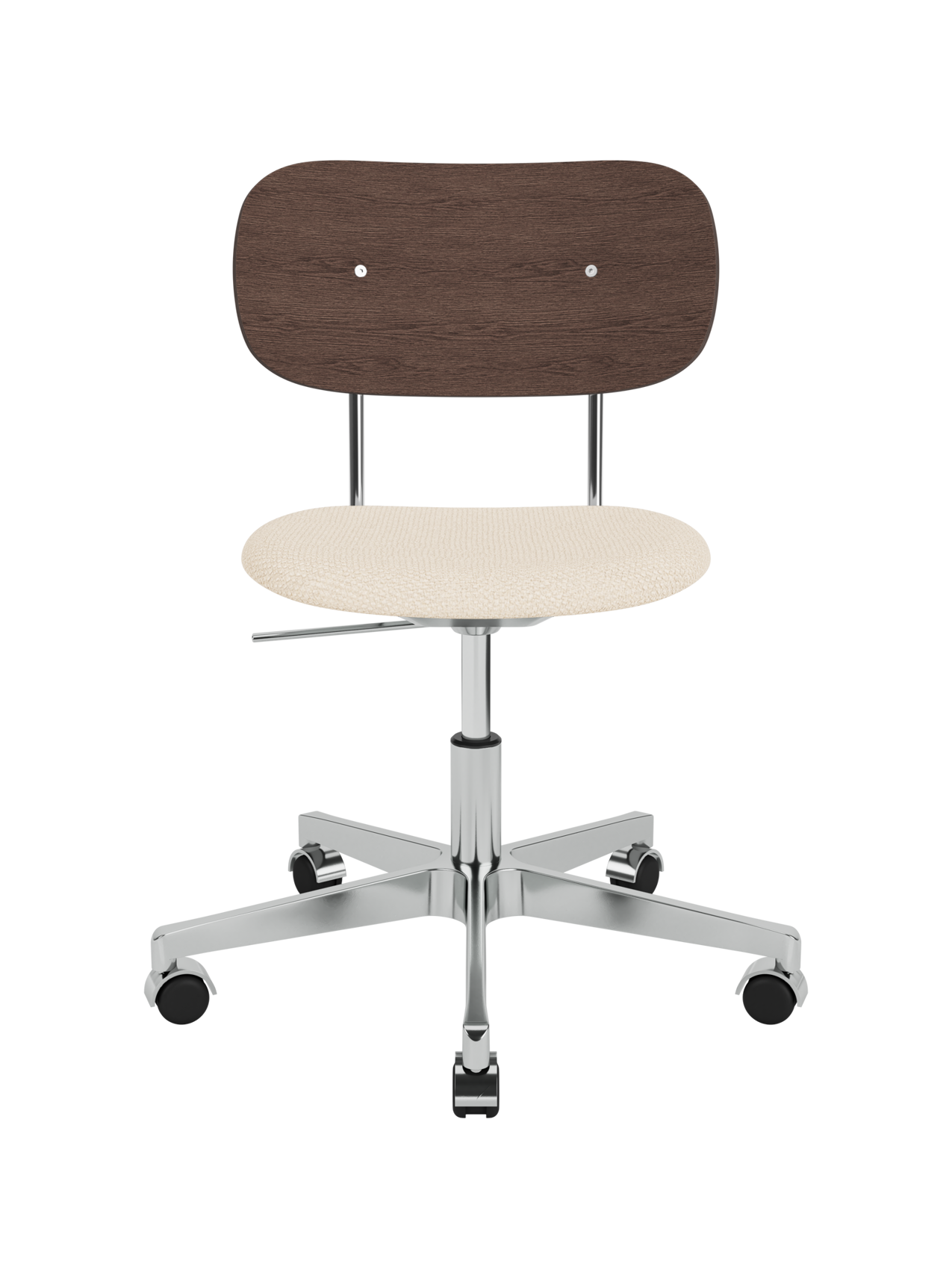 Co Task Chair featuring a dark stained oak backrest, Logan Jasmine fabric seat and polished aluminium swivel base.