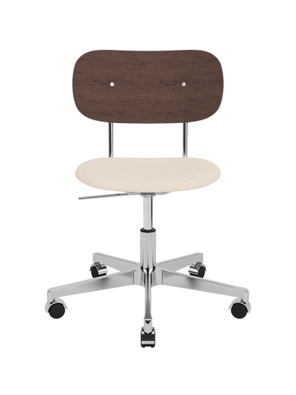 Co Task Chair featuring a dark stained oak backrest, Logan Jasmine fabric seat and polished aluminium swivel base.
