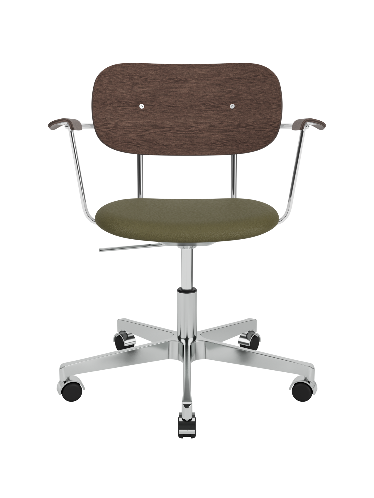 Co Task Chair with dark stained oak back and armrests, olive Sierra upholstered seat and polished aluminium swivel base.
