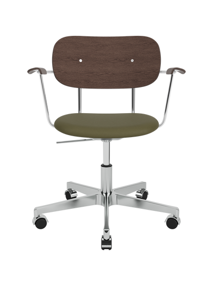 Co Task Chair with dark stained oak back and armrests, olive Sierra upholstered seat and polished aluminium swivel base.