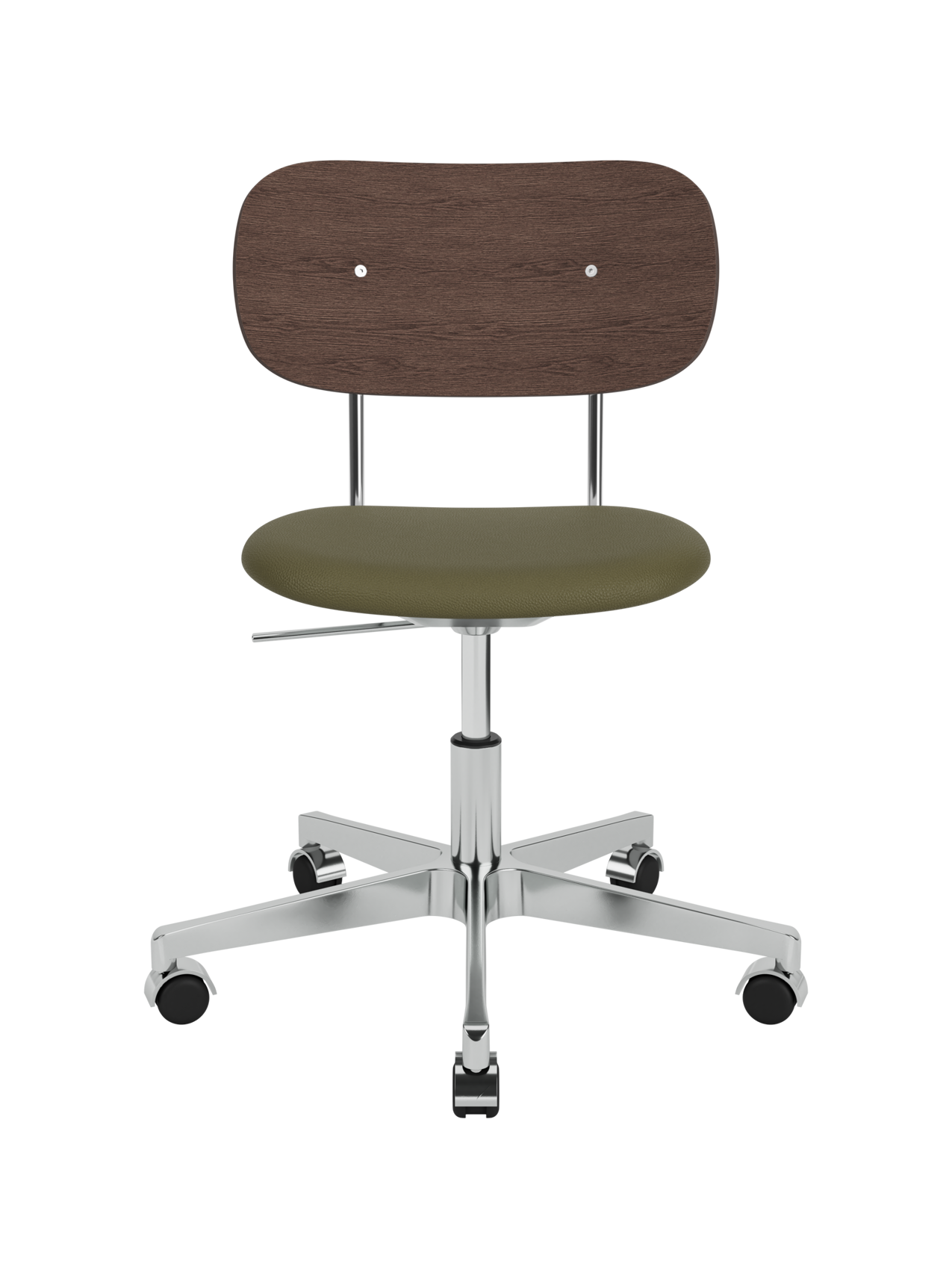 Co Task Chair with dark stained oak backrest, olive green upholstered seat and polished aluminium swivel base with castors.