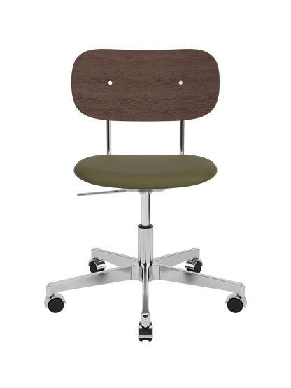 Co Task Chair with dark stained oak backrest, olive green upholstered seat and polished aluminium swivel base with castors.