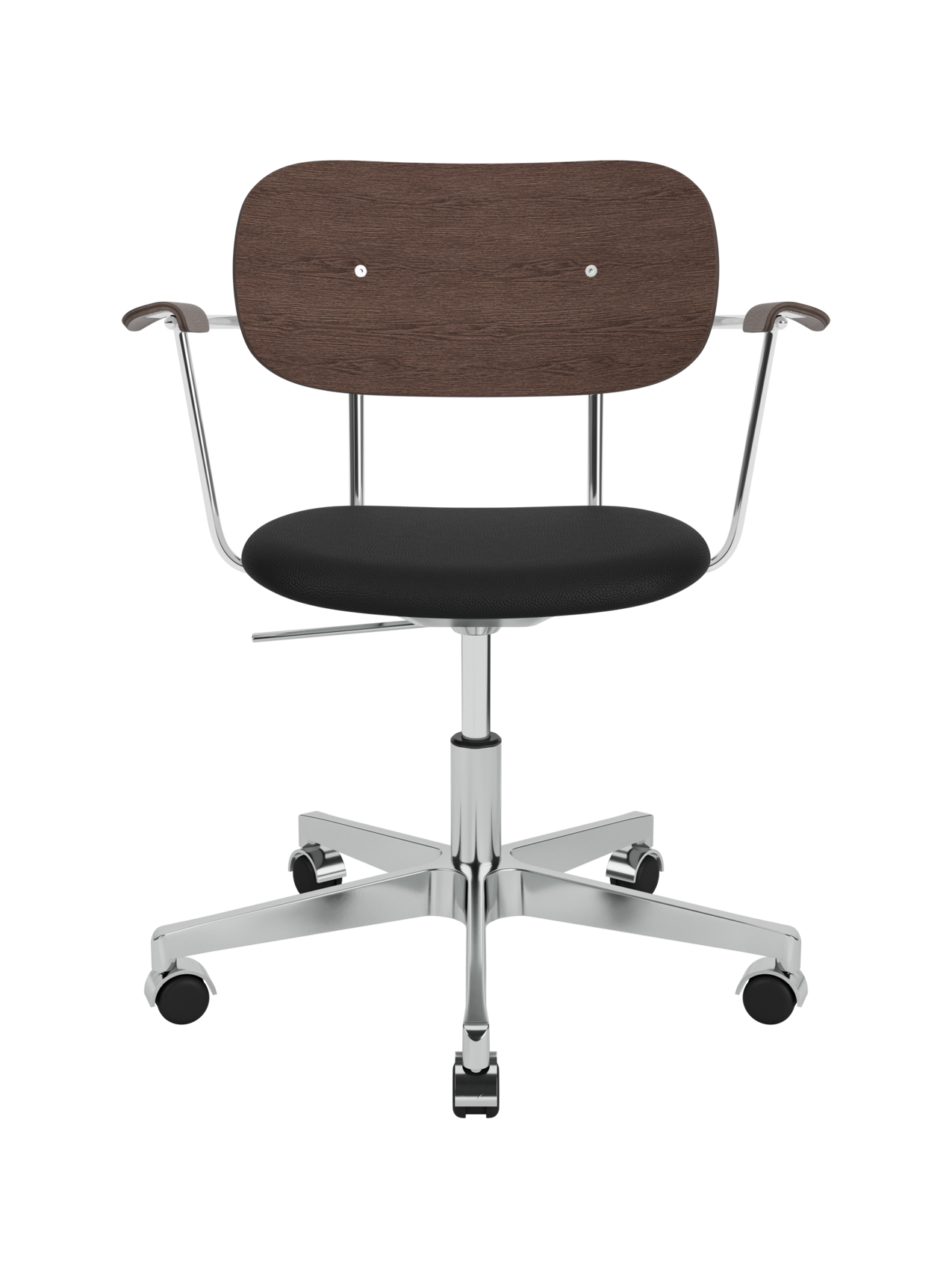 Co Task Chair with armrests, dark stained oak back, black upholstered seat and polished aluminium base with castors.