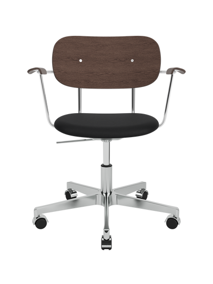 Co Task Chair with armrests, dark stained oak back, black upholstered seat and polished aluminium base with castors.