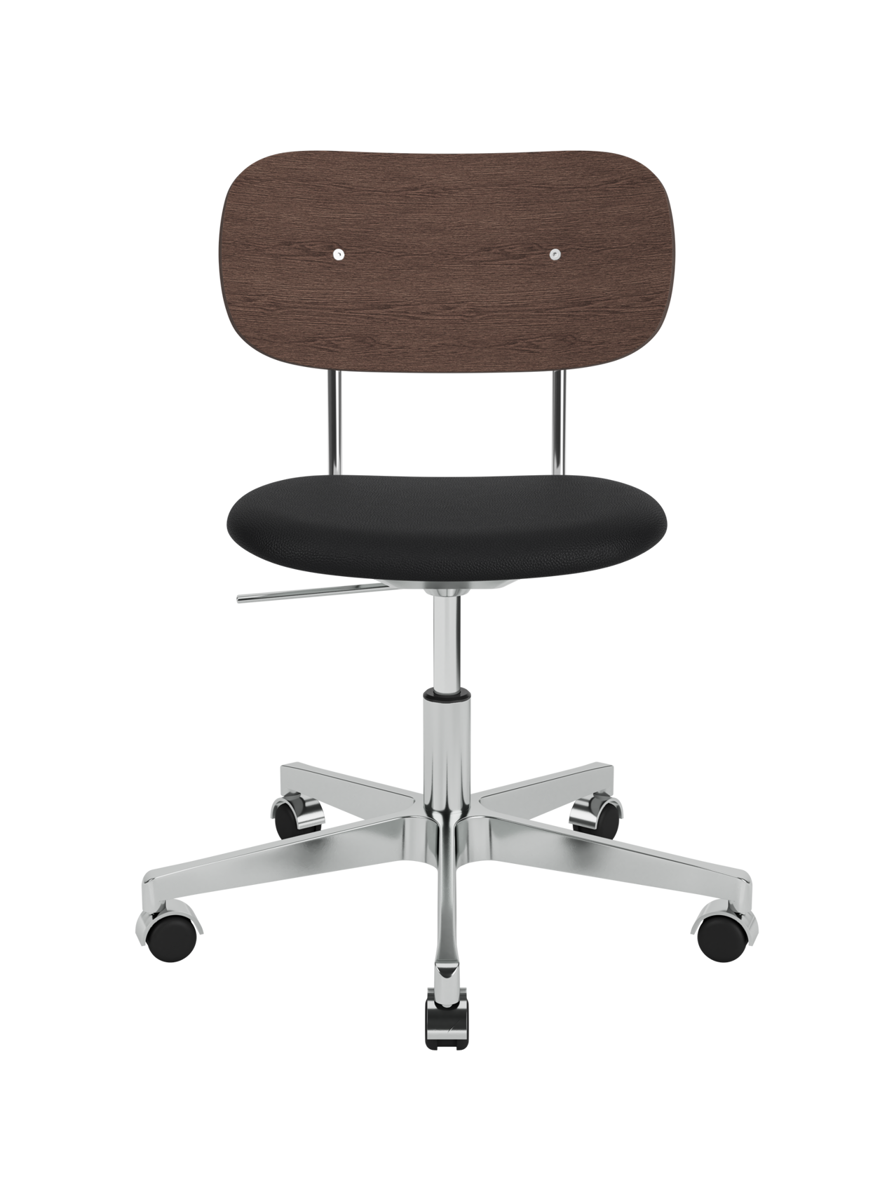 Co Task Chair featuring a black leather seat, dark stained oak backrest and polished aluminium base with castors.