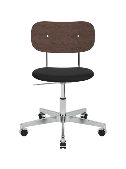 Co Task Chair featuring a black leather seat, dark stained oak backrest and polished aluminium base with castors.