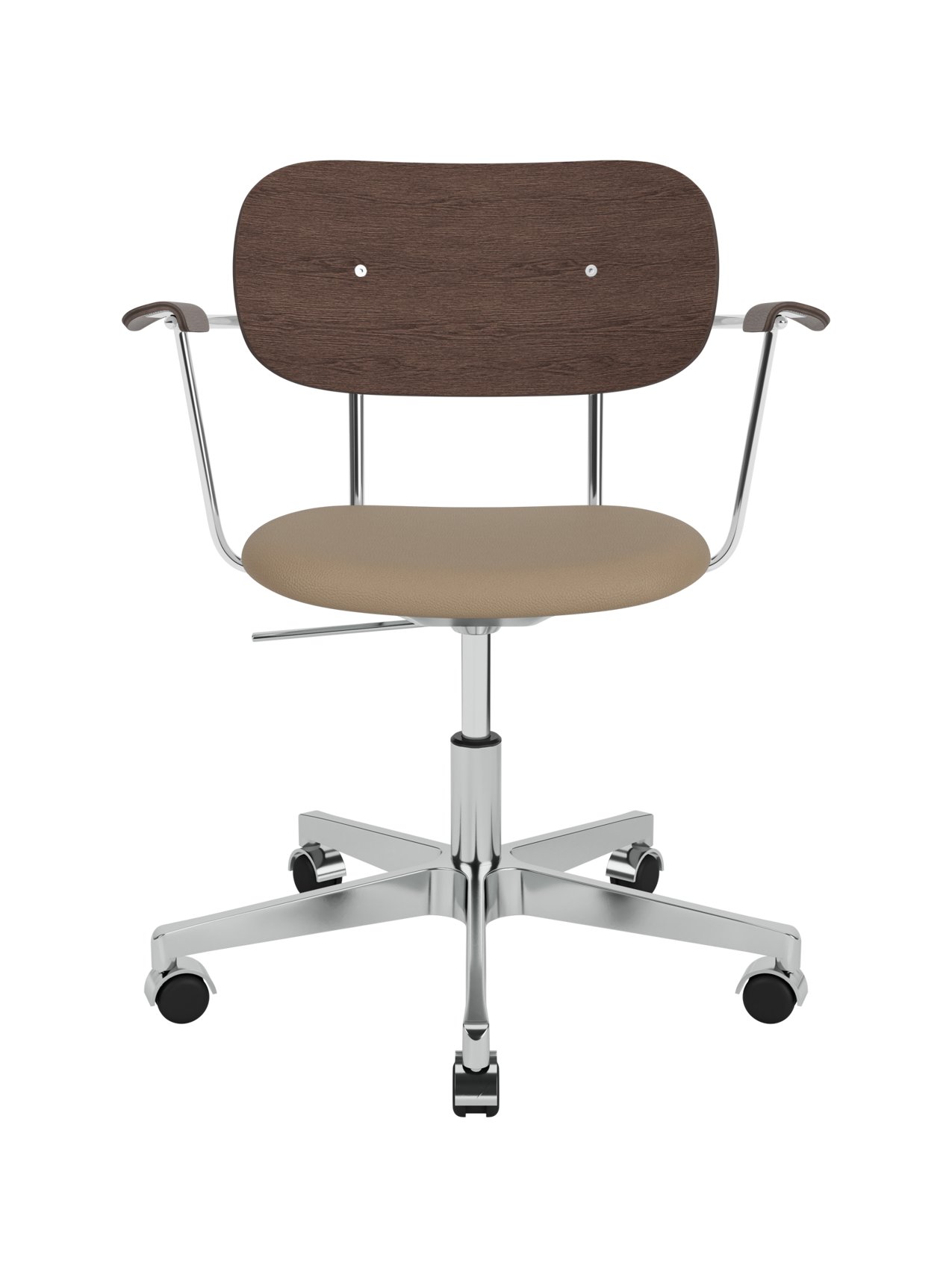 Co Task Chair with armrests, dark stained oak back and Sierra 1611 upholstery on a polished aluminium base with castors.