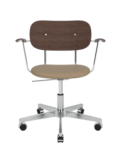Co Task Chair with armrests, dark stained oak back and Sierra 1611 upholstery on a polished aluminium base with castors.