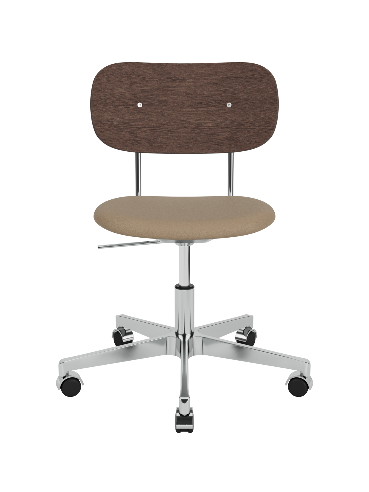 Co Task Chair featuring a tan Sierra 1611 upholstered seat, dark stained oak back and polished aluminium base.