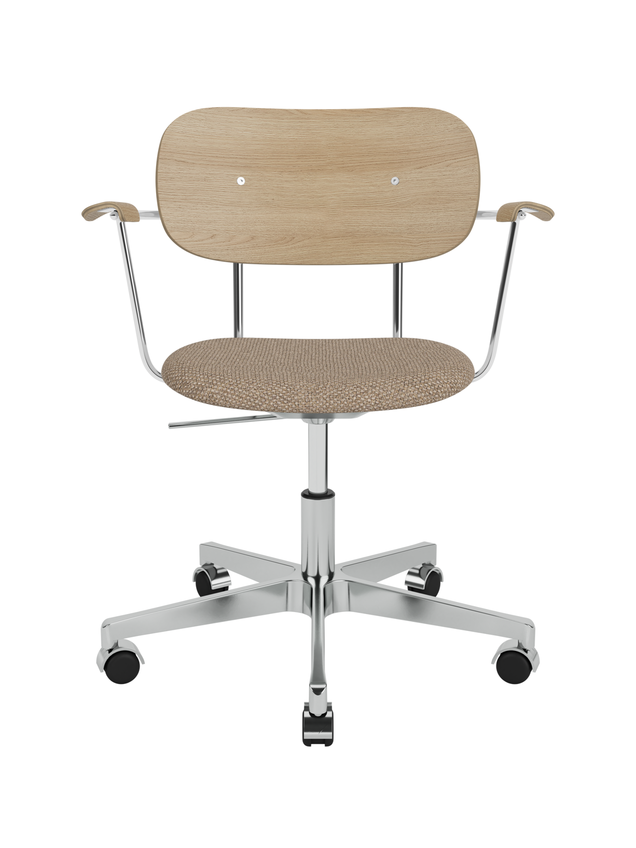 Co Task Chair in Natural Oak with Logan Flint upholstered seat and polished aluminium swivel base on castors.