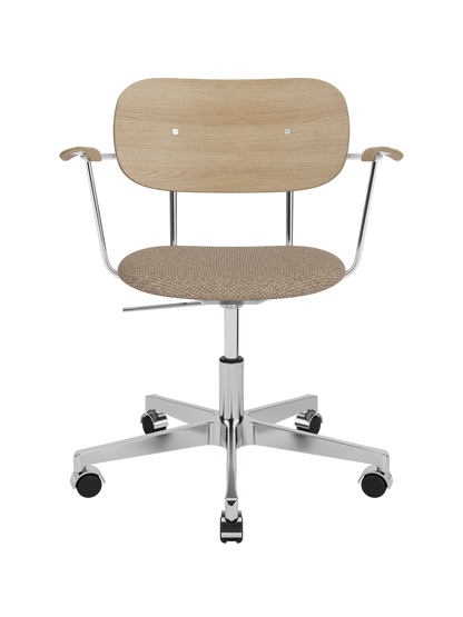 Co Task Chair in Natural Oak with Logan Flint upholstered seat and polished aluminium swivel base on castors.