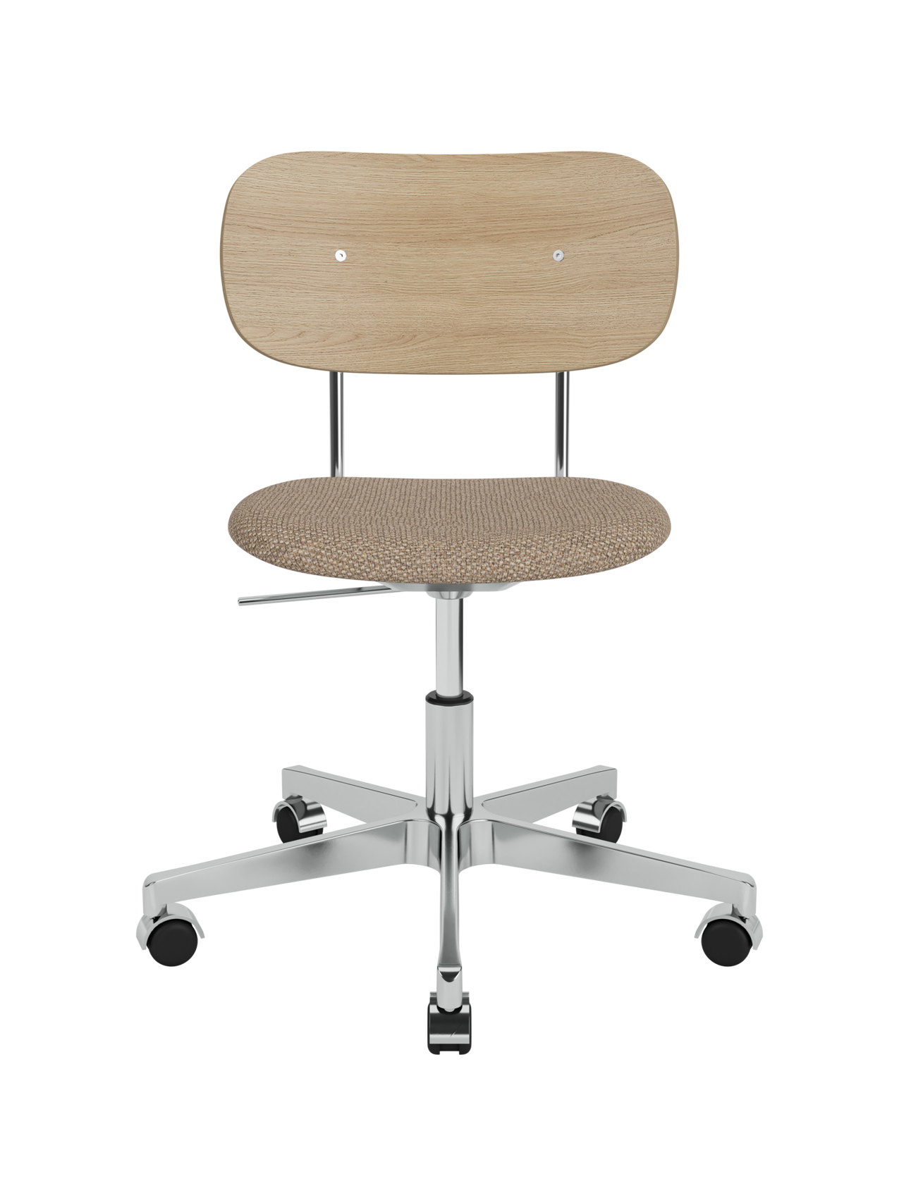 Co Task Chair featuring a natural oak backrest, Logan Flint upholstered seat and polished aluminium swivel base on castors.