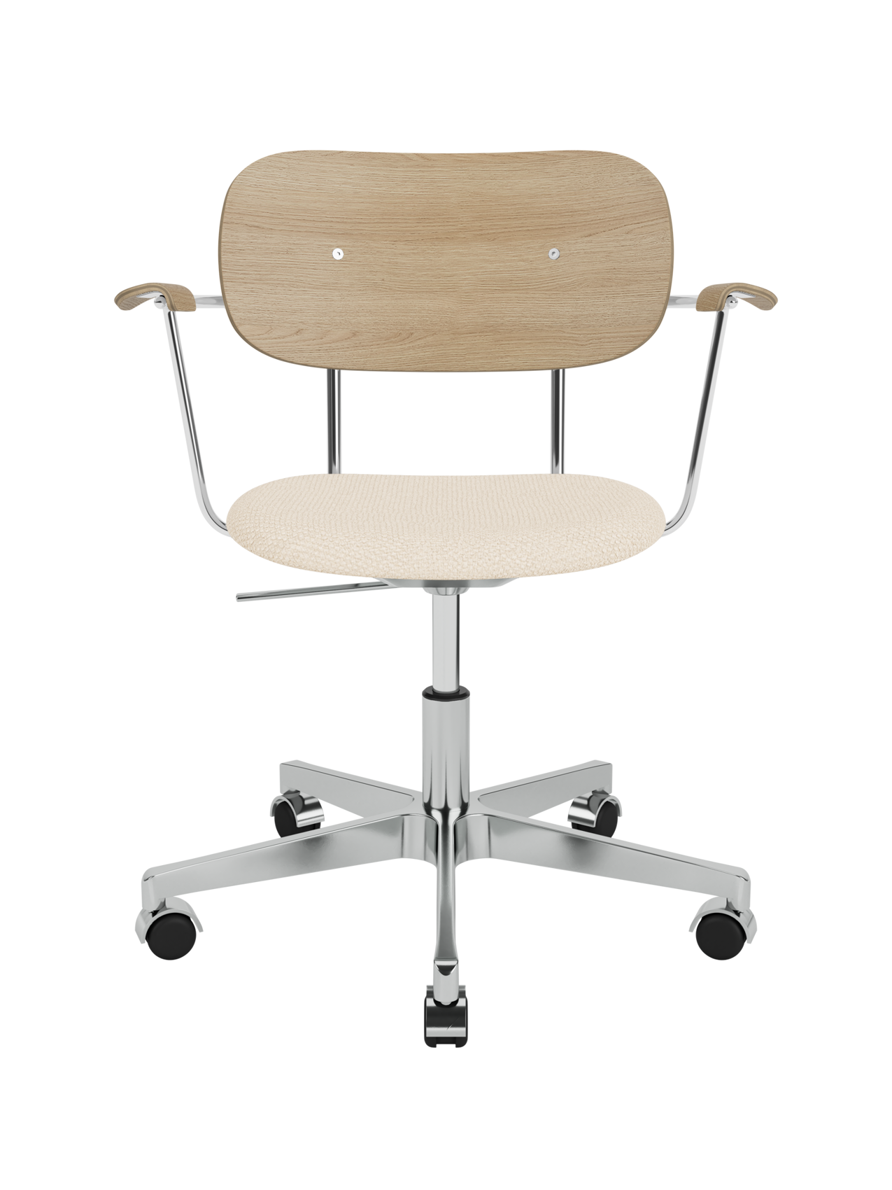 Co Task Chair with Logan Jasmine upholstery, natural oak back and armrests on a polished aluminium base with castors.