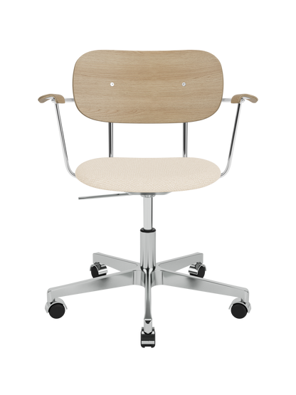 Co Task Chair with Logan Jasmine upholstery, natural oak back and armrests on a polished aluminium base with castors.