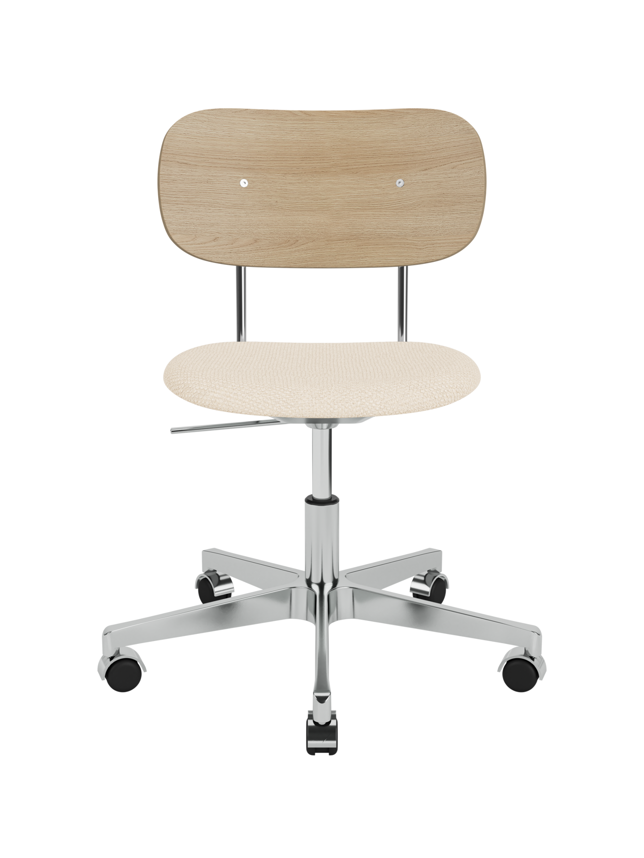 Co Task Chair with a natural oak backrest, Logan Jasmine upholstered seat and a polished aluminium swivel base.