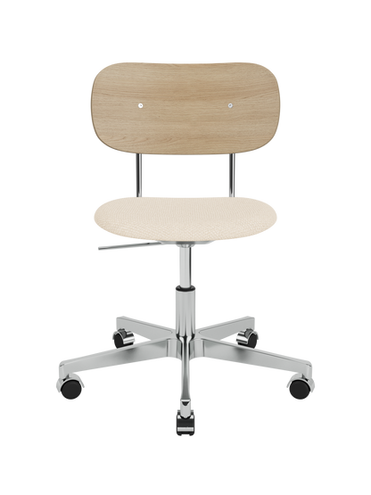 Co Task Chair with a natural oak backrest, Logan Jasmine upholstered seat and a polished aluminium swivel base.
