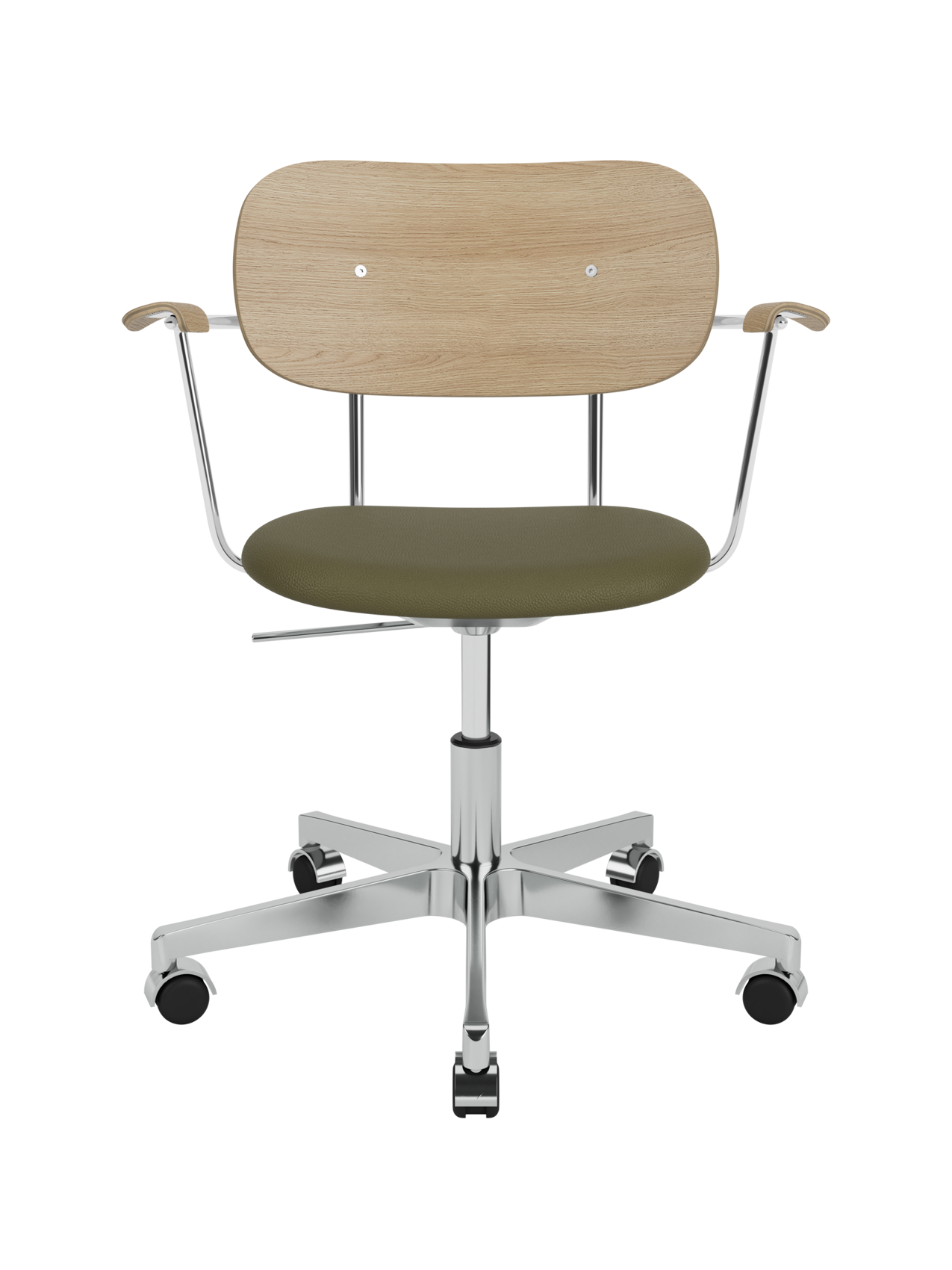 Co Task Chair with natural oak back, olive green Sierra leather seat and a polished chrome swivel base with castors.