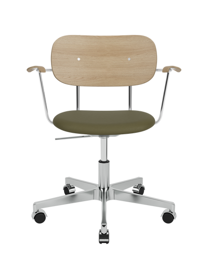 Co Task Chair with natural oak back, olive green Sierra leather seat and a polished chrome swivel base with castors.