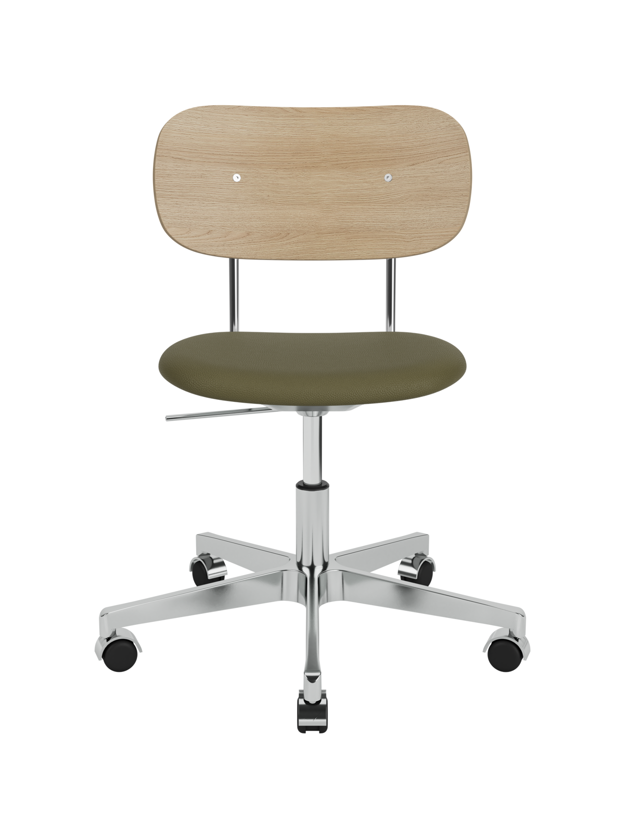 Co Task Chair with a natural oak backrest, olive Sierra 0441 leather seat, and a polished aluminium base with castors.