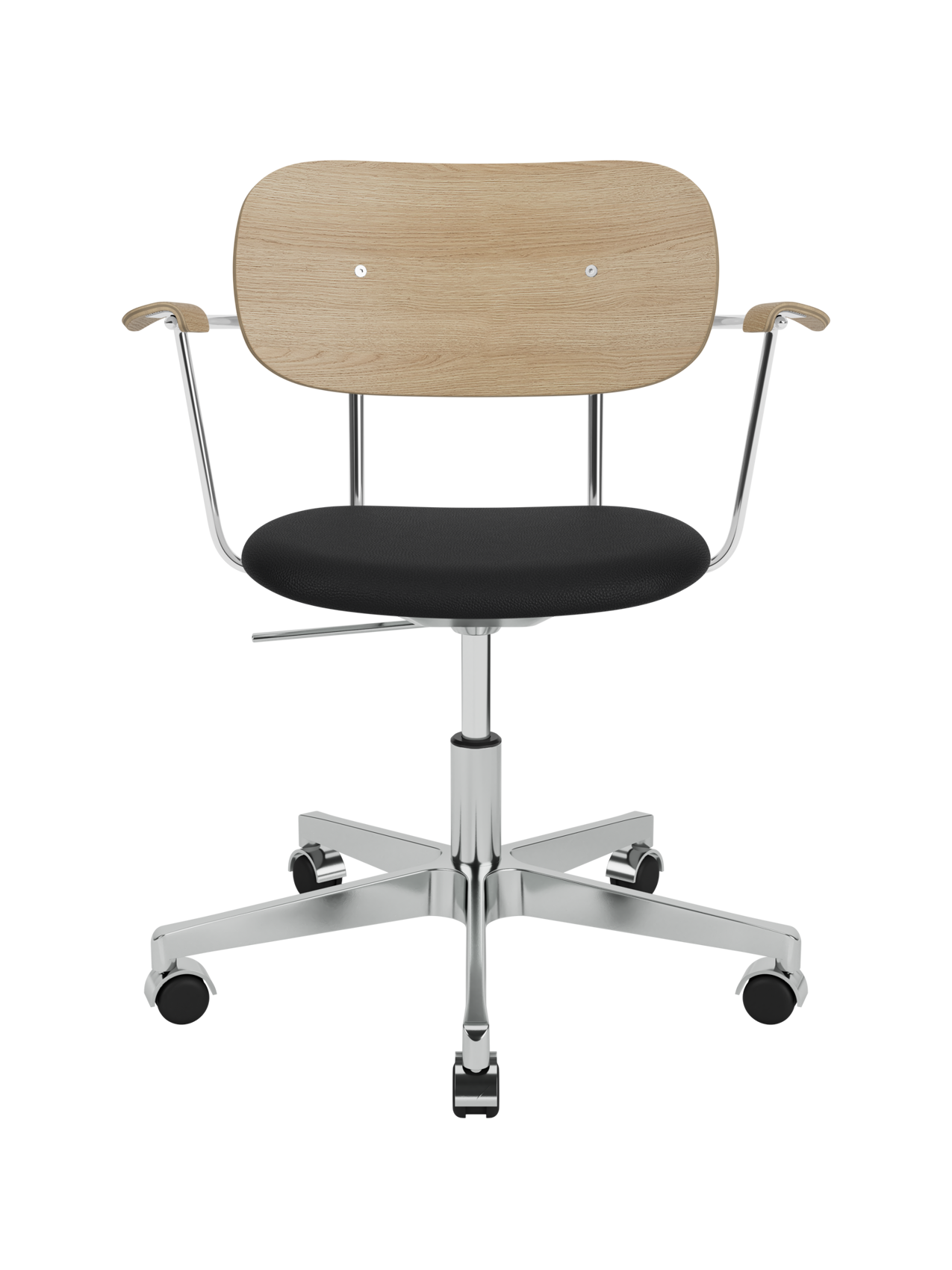 Co Task Chair featuring a natural oak back, black upholstered seat and armrests on a polished aluminium base with castors.