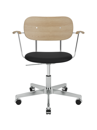 Co Task Chair featuring a natural oak back, black upholstered seat and armrests on a polished aluminium base with castors.