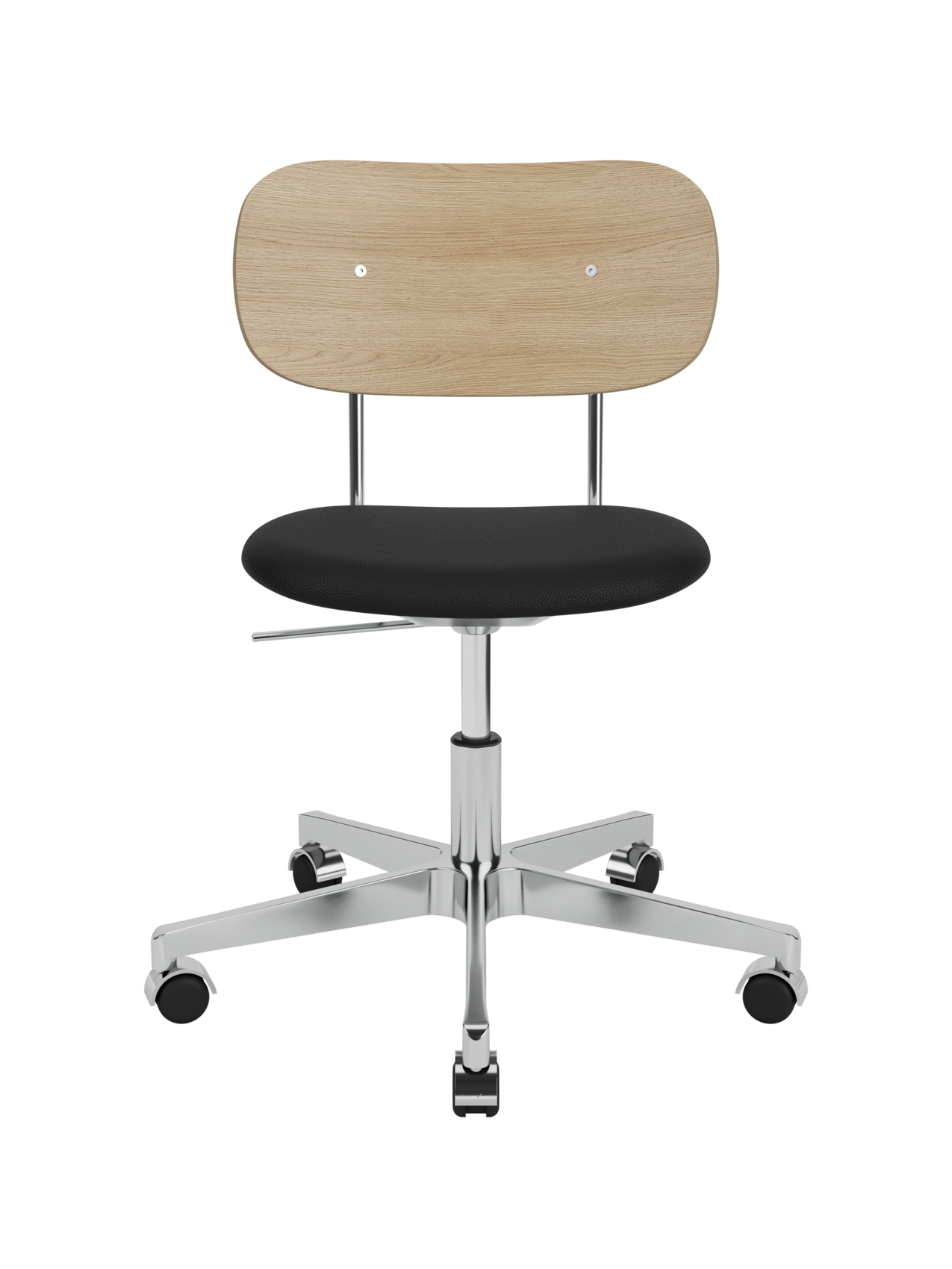 Co Task Chair with natural oak backrest, black leather seat and polished aluminium swivel base with castors.