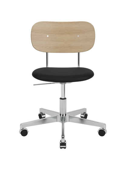 Co Task Chair with natural oak backrest, black leather seat and polished aluminium swivel base with castors.