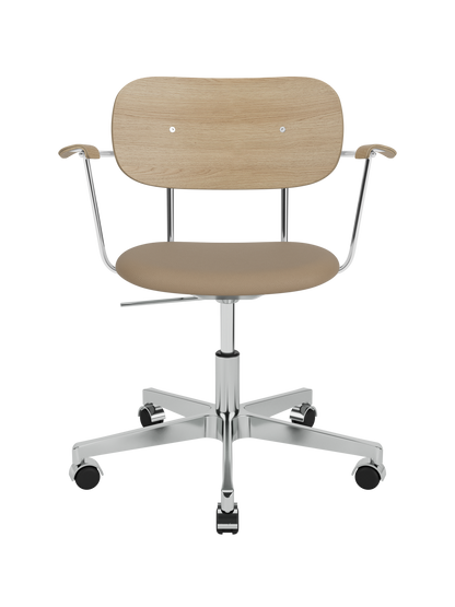 Co Task Chair with natural oak backrest, Sierra 1611 upholstered seat and chrome armrests on a five-star aluminium base.