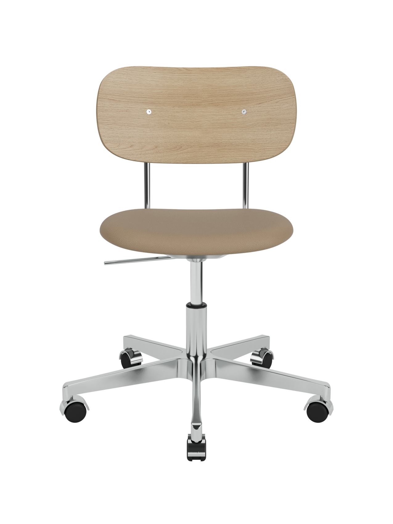 Co Task Chair with a natural oak backrest, tan leather seat and a polished aluminium swivel base with castors.