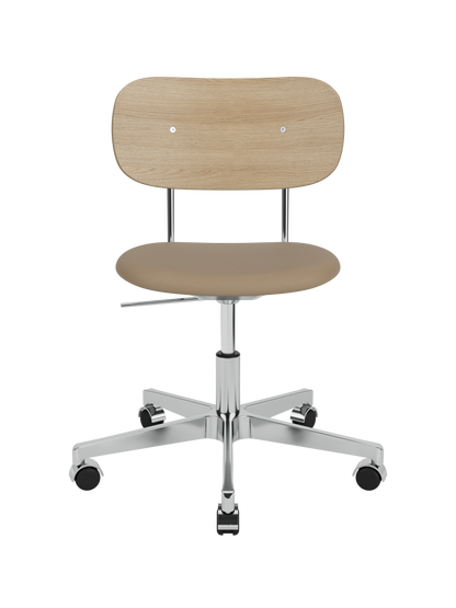 Co Task Chair with a natural oak backrest, tan leather seat and a polished aluminium swivel base with castors.