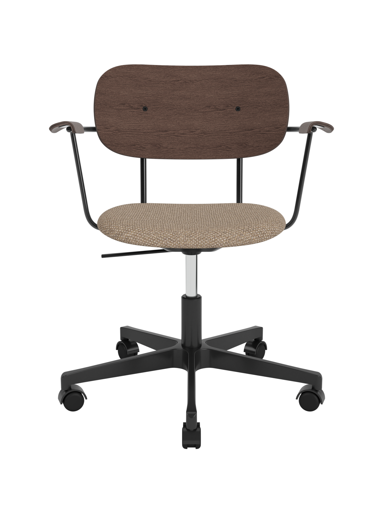 Co Task Chair with a dark stained oak backrest, Logan Flint upholstered seat and armrests on a black base with castors.