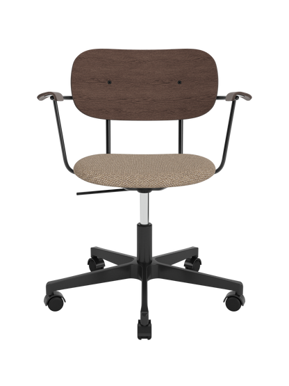 Co Task Chair with a dark stained oak backrest, Logan Flint upholstered seat and armrests on a black base with castors.