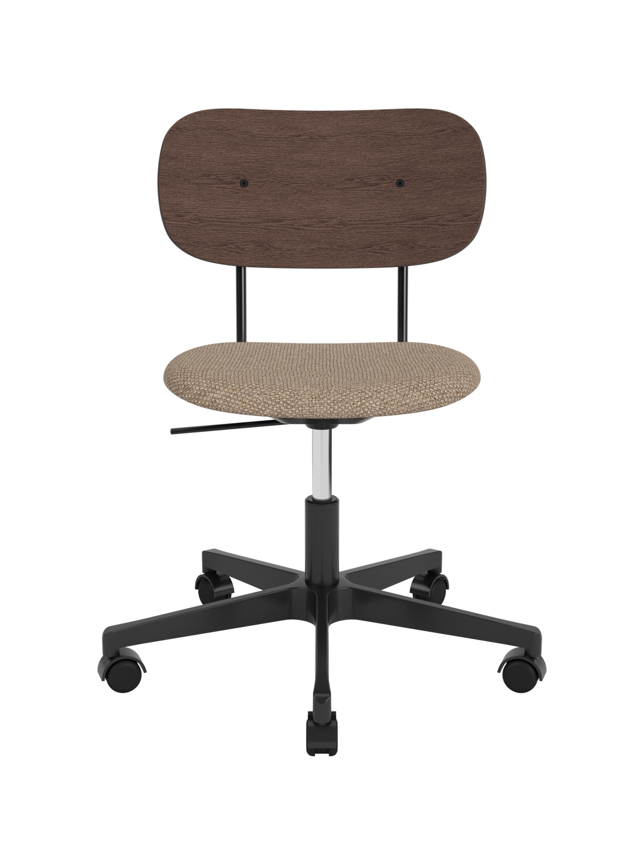 Co Task Chair with a dark stained oak back and Logan Flint upholstered seat on a black swivel base with castors.